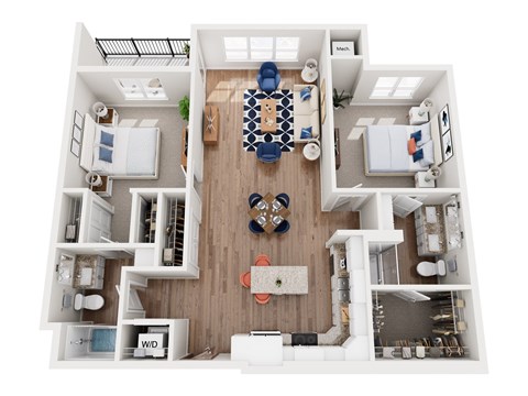 Floor plan for 2 beds, 2 baths, 1261 sqft
